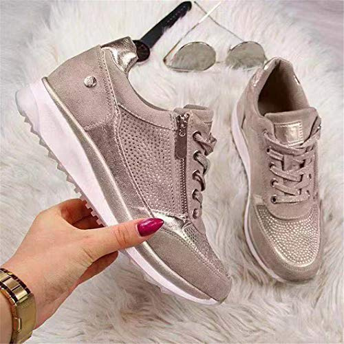 Oceansee Las mujeres Casual zapatos de moda cuña plana zapatos cremallera encaje hasta cómodo señoras sneakers mujer vulcanizado zapatos beige 36