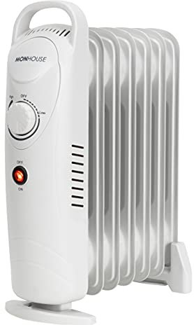 MONHOUSE 7 Fins Compact Oil Filled Radiator - Electric Heater with Adjustable Thermostat - Overheat Protection - Power Indicator Light - Easy Access Carry Handle - 700W - White