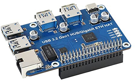 USB 3.2 Gen1 and Gigabit Ethernet HUB HAT for Raspberry Pi Series Board, 3X USB 3.2 Gen1, 1x Gigabit Ethernet,Plug & Play,Driver-Free