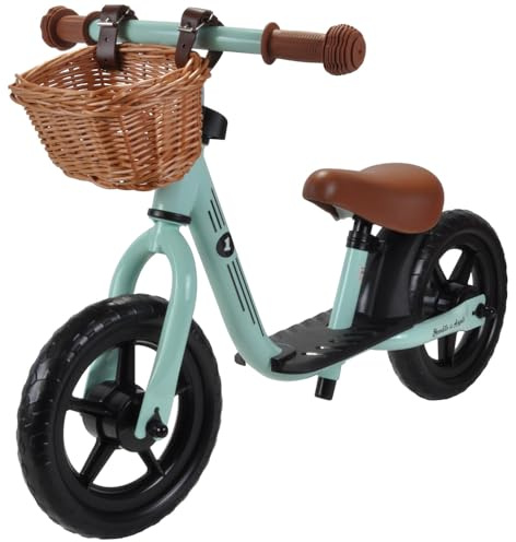 Bandits & Angels Laufrad aus Metall mit Weidenkorb Mint ab 2 Jahren – mintfarbenes Lauflernrad – Verstellbarer Sattel 29 bis 39 cm – für Jungen und Mädchen – niedriger Einstieg mit Trittbrett