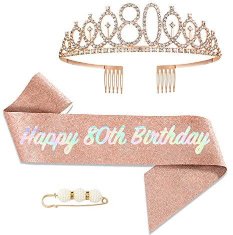 POPOYU Crystale Tiara Kit Couronne Écharpe pour Femme - Décoration Fête, Anniversaire 80 Ans, Cadeau (Or Rose)