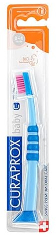 Curaprox Cepillo de Dientes para Bebés - Primer Cepillo de Dientes para Bebés con 4260 Filamentos de Cureno Extra Suaves - Extra Suave para los Primeros Dientes (Azul con cerdas en Rosa)