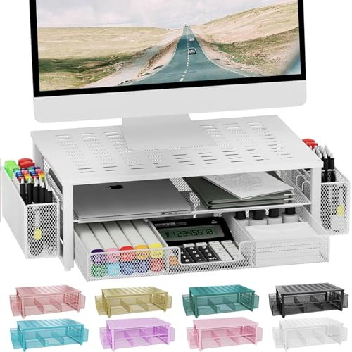 gianotter Monitorständer, Schreibtisch-Organizer mit Schublade und Stifthalter, 2-stöckiger Computerständer, Schreibtischzubehör und Arbeitsplatz-Organizer (weiß)