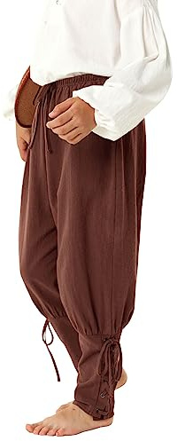 Haloumoning - Pantalón medieval para niños, con cordones, cosplay, Renacentista, Steampunk, vikingo, pantalón de ocio, marrón, 8-10 años