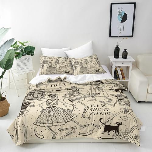 ANHOPE Retro Skelett Musik Tanz Bettwäsche Set Microfaser Bettbezüge mit Reißverschluss 3 Teilig Bettbezug 200x200 cm + 2 Kissenbezug 80x80 cm Weich Ganzjahres Bettdeckenbezug Set