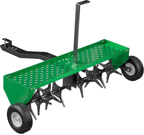PPOLB 48 Lawn Aerator Tow Behind, Plug Aerator Tow Behind with Universal Hich, Green Painted Galvanized Steel with Tray and Inflatable Wheels, Pull Behind Aerator for Garden, Farm and Lawn