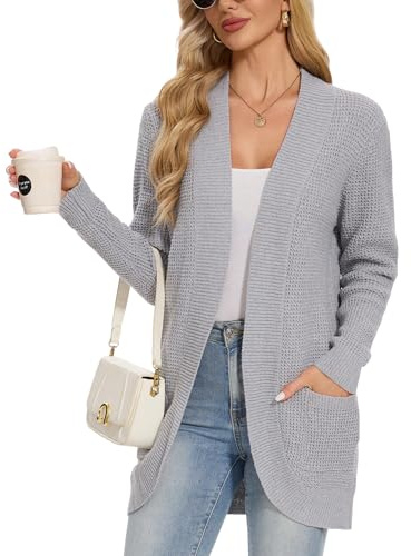 Atxnn Cárdigan Mujer Elegante Waffle Chaqueta de Punto Invierno Delantera Abierta Suéteres con Bolsillos Jersey Cárdigans Cómodo Rebeca Otoño, Gris Claro M
