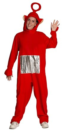 Partychimp TV Karaktär Kostym för Vuxna Mjuk Plysch Onesie Rolig Dräkt Karneval Rollspel Jumpsuit Pyjamas med Huva Unisex Röd Gul Lila eller Grön Storlek S, M/L eller XL (Röd, M/L)