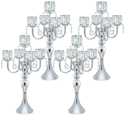 Kehail Candelabra Candle Holders, Elegant Bling Centerpiece with Pendant Crystal Table Decorations 5 Arms Candlesticks for Dining Room,22 Inches Tall (4, Silver)