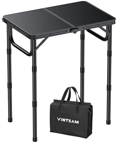 VINTEAM Camping Folding Table with Adjustable Height, Lightweight Portable Outdoor Picnic Table, BBQ Grill Side Table, Durable Aluminum Frame, MDF Desktop for Camping, Fishing, RV, Beach (Black)