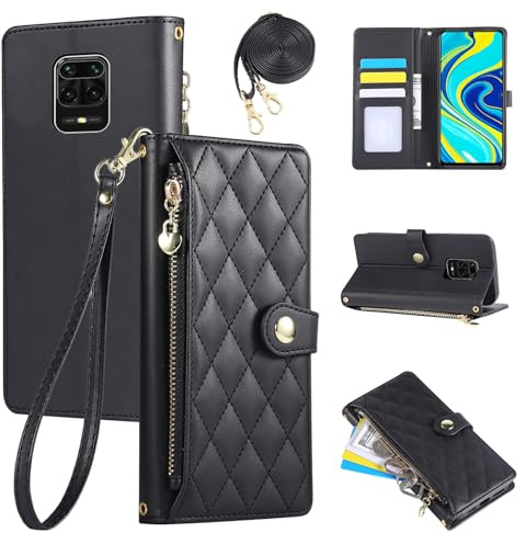 Rosbtib Handyhülle für Xiaomi Redmi Note 9S/9 Pro 6.67, Handytasche aus PU-Leder mit Rautengitter-Stickerei, Redmi Note 9S/9 Pro Hülle Flip Klappbare mit Handschlaufe und langem Trageriemen, Schwarz