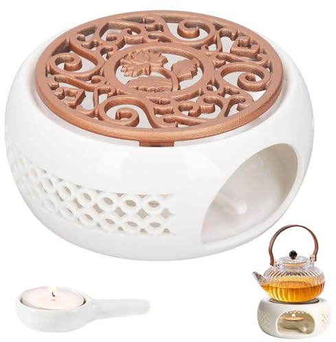 Tekanna för tekanna, keramisk tekanna varmare av porslin vit med värmeljushållare och spismatta ihålig design tevärmare för kaffe te mjölk lämplig för många tekannor, ø 14,6 cm, vit