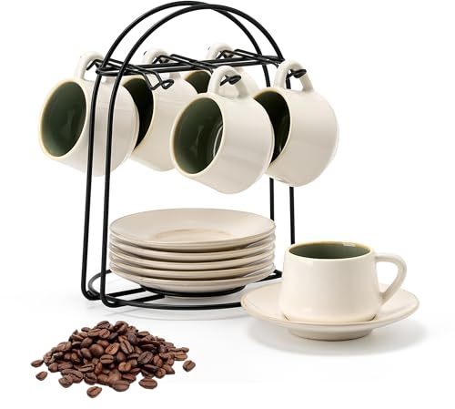 PORCER 6×130 ml(4.4 oz) Ceramic Coffee Cup & Saucer with Black Metal Stand Sets, Stackable Cappuccino, Espresso Cups for Specialty Coffee Drinks, Latte, Americano, Tea - Fun Patchwork Colours