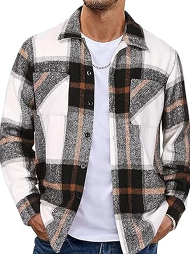 EUDOLAH Overshirt Uomo in Flanella a Quadri Vintage Manica Lunga con Collo Button Down Giacca Shirt Stile Urbano Casual(L,Grigio)