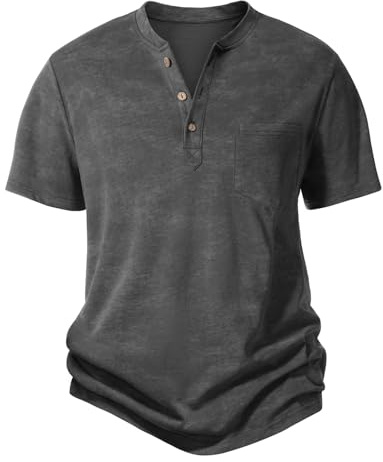 Voqeen T-Shirt Homme Coton Henley T Shirt à Manches Courtes Été Tee Shirt Col Tunisien Vintage Basique Tshirt pour Homme