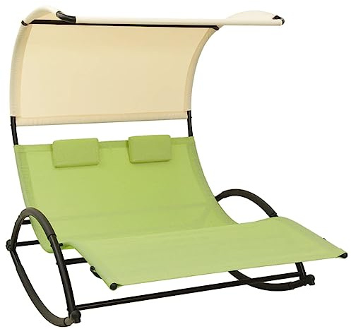 Tomostar Bain de Soleil, Chaise Longue Double Jardin Extérieur Transat pour Piscine avec auvent textilène Vert et crème