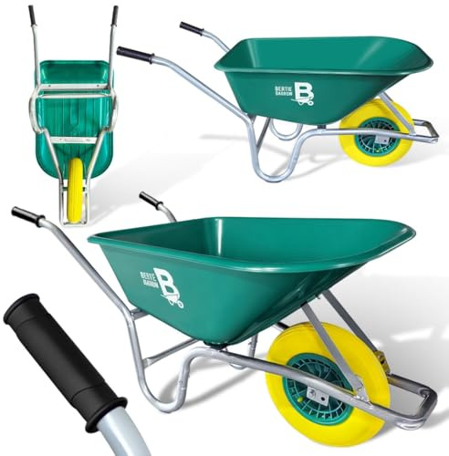 Bertie 110L 250KG with Puncture Proof Solid Tyre Heavy Duty Garden & Builders Wheelbarrow – Large Wheel Barrow – Durable Green Polypropylene Tub for Soil, Gravel, Mulch & Stable Yard Use
