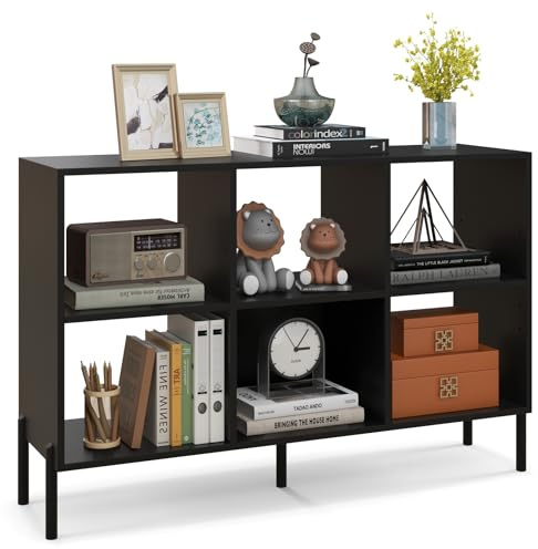 HOMASIS Libreria Scaffale a 6 Cubi, Libreria Bassa con Mensola Regolabile, Libreria Salvaspazio da Terra a 2 Livelli in Legno, Divisorio per Soggiorno, Studio, 120 x 35 x 79,5 cm (Nero)
