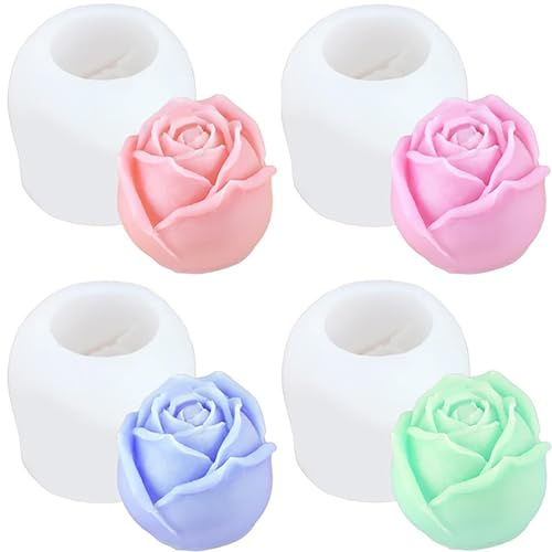 pekifaves 4 pièces moules à bougies en silicone en forme de rose, moules à bougies en silicone en forme de fleurs, rose en 3D, moules en silicone pour bougies, pour la fabrication artisanale de bougie | Moule en silicone 3D en forme de pétales de rose pour bougies, savon, bricolage