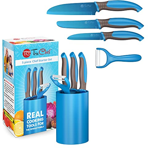 TruChef 5-Piece Kids Knife Set | Real Stainless Steel Cooking Knives with Peeler, Serrated Blade & Storage Stand | Safe, Easy-Grip Design – Fun Junior Chef Set for Boys & Girls (5 pcs, Blue)