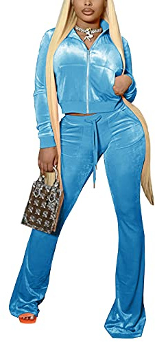 Chatinction Women's 2 Piece Velvet Outfit Long Sleeve Zipper Crop Tops and Wide Leg Pants Sweatsuit Set Light Blue XS
