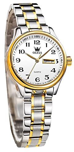 OLEVS Damenuhr Analoge Leicht zu lesen Armbanduhr mit Kleines Gesicht Gold Silber Edelstahlband wasserdichte Day Date Uhr