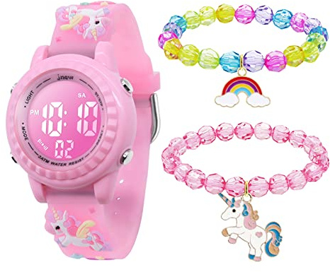 Mamiddle Montre Numérique pour Enfants & 2 Bracelets Montre Étanche avec Alarme Chronomètre Lumières Bande Silicone 3D Cartoon Cadeaux d'anniversaire pour 3-12 Ans Filles (Set Licorne Rose)