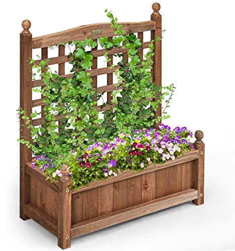 GOPLUS Jardinera de Madera con Enrejado, Huerto Urbano para Plantas Trepadoras, Flores, Verduras, Cultivos, Cama Elevada, Maceta, Macetero para Jardín Terraza Patio, 64,5 x 28 x 75cm