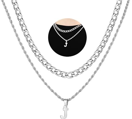 SENRAN Layered Initial A-Z Letter Necklace for Men Stainless Steel Figaro Twist Rope Chain18-20 inch Personalized Letter Charm Pendant Jewelry Gift for Women(S-J)