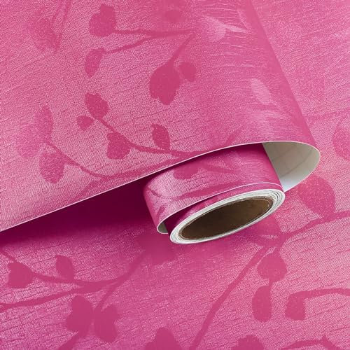 VaryPaper Peel and Stick Hot Pink Wallpaper Embossed Leaf Contact Paper 40cmx200cm Sticky Back Plastic Patterned Stick on Wallpaper for Girl Bedroom Living Room Cupboard Vinyl Wrap for Furniture