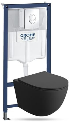 GROHE Sinto Start + Parete Sospesa WC Salto Nero Senza Bordi + Sedile SoftClose | Pulsante Cromato | Set Completo | Cassetta di Risciacquo da Incasso