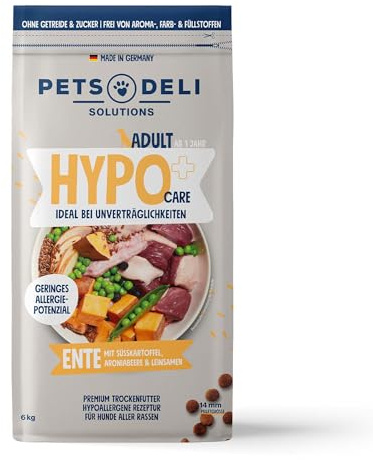 Pets Deli Hypocare Hunde Trockenfutter Ente & Süßkartoffel, hypoallergen, monoprotein, ideal bei Unverträglichkeiten & Allergien, getreidefrei, ohne Zucker, 6kg, Premium Qualität