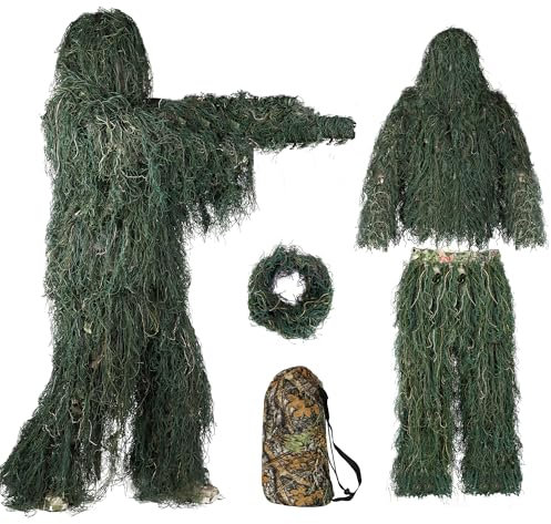 Northspoor 3D-Ghillie-Tarnanzug, 5-teiliges Set Taktischer Jagdanzug Scharfschützenanzug, Wiederverwendbare Rundum-Tarnung, Unisex-Kampffotografie-Scharfschützen-Tarnanzug für Erwachsene