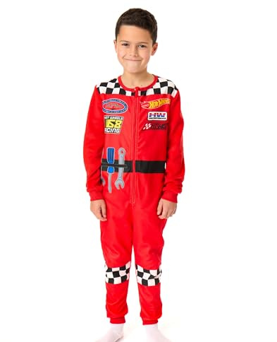 Hot Wheels Wheels Boys Onesie | Barn allt i en sovdräkt Pyjamas i rött | Nattkläder Jumpsuit i fleece med Racing Flames, verktyg och rutmönster | Bodysuit i ett stycke Mekaniker Leksaksbil Merchandise