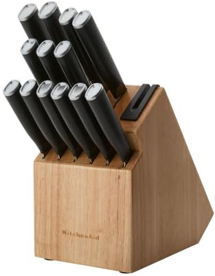 KitchenAid Classic Step Knife Block Set with Built-In Knife Sharpener, Stainless Steel Kitchen Knives, Sharp Kitchen Knife Set with Block, 14-Piece, Natural