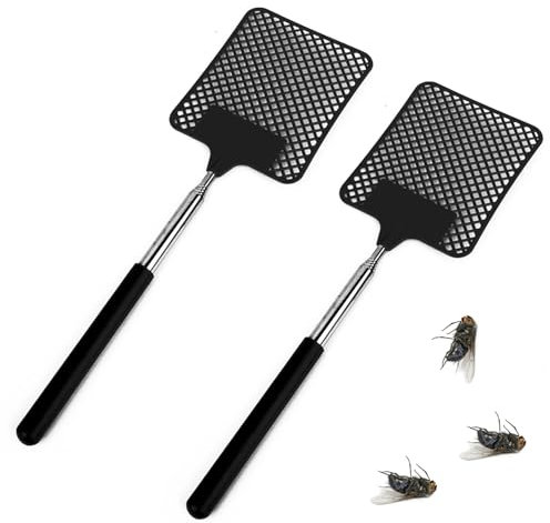 ShiWuYou 2 Pack Fly Swatter, Extendable Fly Swatters, Manual Fly Swat Pest Control for Indoor Outdoor Mosquito Wasp Bug Insect, Black