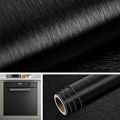 Livelynine Carta Adesiva per Mobili Cucina Nero Metallo 40CMx10M Carta da Parati Adesiva Mobili Acciaio Inox Paraschizzi Cucina Adesivo Nero Adesivo per Lavastoviglie Rivestimento Frigorifero Adesivo