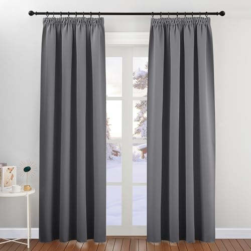 PONY DANCE Blackout Pencil Pleat Curtains, Grey, W52 x L84 Inch, 2 Panels | Thermal Insulated Curtains with Noise Reducing & Privacy, Luxury Soft Window Treatment for Bedroom & Living Room