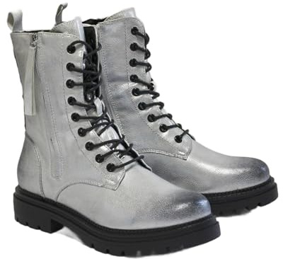 irisaa Damen Combat Boots, Schnürstiefel mit Reißverschluss, warme Winter Stiefeletten, rutschfeste Profilsohle, Größe:39, STF Farbe:Silber