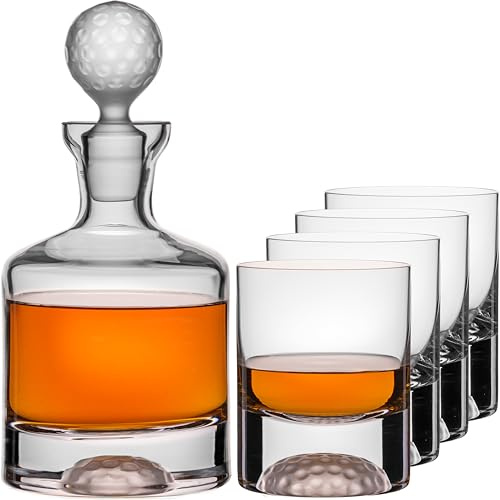 Imperial - Set di caraffa e bicchieri da whisky in vetro Crystalline con pallina da golf, 5 pezzi fatti a mano, per gli amanti del golf e del whisky, con confezione regalo