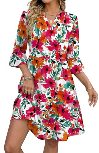 Zeagoo Dam V-ringad sommarklänning med 3/4 ärmar elegant volangklänning knälång fritidskläder med fickor S-2XL, XL