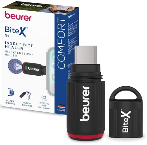 Beurer BiteX Go Dopopuntura per punture di insetti con connessione USB-C per smartphone Android e iPhone, trattamento con calore contro prurito, senza batterie, con luce integrata