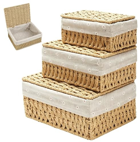 SKIKHN Cestas de Almacenamiento con Tapa, 3 Piezas Cestas Almacenaje con Tapa, Boho Cestas de Almacenamiento Tejidas, Cestos Mimbre Decoración con Forro, para Dormitorio, Cajón, Cocina, Baño