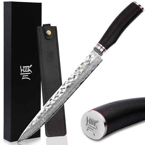 YOUSUNLONG Cuchillos para sashimi - 254mm Cuchillos de trinchar - Acero Damasco Japonés Hoja Afilada - Mango de ébano natural con cuero