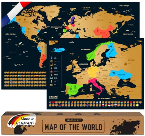envami® Carte du Monde à Gratter en Français - Avec Carte Européenne - 68 X 43 CM - Dorée - Planisphère - Map à Gratter - Poster de Voyage