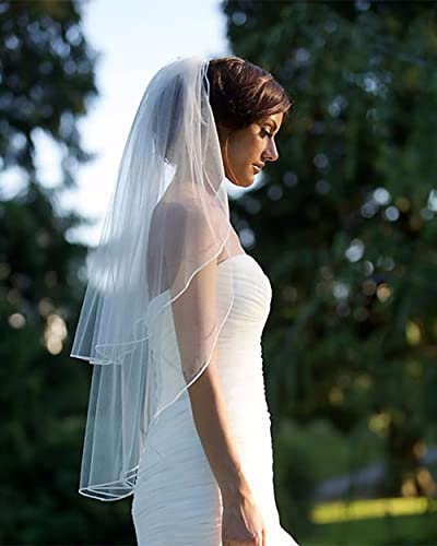 Prosy Voile de mariée à 2 niveaux Église Mariage Tulle Coude Longueur du bout des doigts Voile Accessoires de cheveux de mariée avec peigne pour femmes et filles (Ivoire)