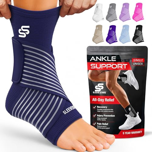 Sleeve Stars Ankle Brace for Women & Men, Ankle Wrap for Sprain, Compression Sleeve for Plantar Fasciitis Relief, Easy Customizable Support: w/Removable Strap (Single/M:10-12/Navy Blue)