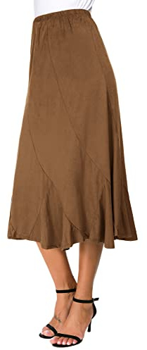 EXCHIC Femmes Elegante Cuir Suédé Elastique Taille Haute Midi Jupe Loisirs A Ligne Bascule Pendule Jupes(XL, Marron)