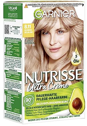 Garnier Nutrisse Dauerhafte Pflege-Haarfarbe mit nährenden Fruchtölen, Coloration mit 8 Wochen Halt, Ultra Crème Tönung, 8.11 Aschiges Hellblond