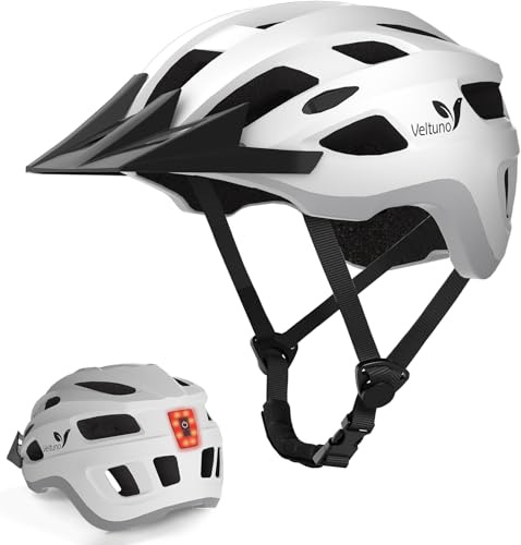 Veltuno Bike Helmet for Adults, Lightweight Mountain Bicycle Helmet with USB Rechargeable LED Rear Light, Removable Sun Visor for Women, Men, Suitable for Cycling and Commuting (White, Large)